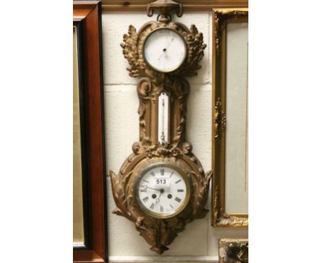 Late 19th century Gilt Metal Cartel Clock, Aneroid Barometer and Thermometer with Key, the white enamel dial marked ' J J Wai