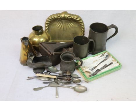 Group of Mixed Metalware and other Items including Silver Plated Cutlery, Pewter Tankards, Brass, Vintage Archibald Kendrick 