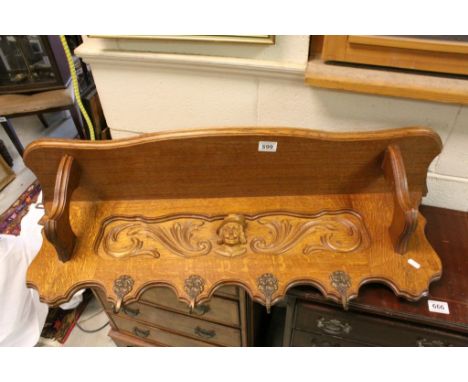 Oak Hall Hat Shelf with Coat Hooks featuring a Carved Panel, 95cms long