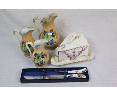 Victorian Wedge Cheese Dish and Cover, Three Victorian Graduating Jugs and a Boxed Royal Worcester Carving Knife and Fork