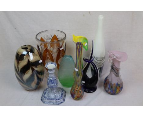 Seven Glass Vases including a Large Cut Glass Clear and Amber Vase, Two Jack in the Pulpit Style Vases plus a Blue Glass Pres