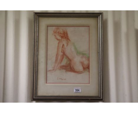 Sanguine Pastel Portrait of the Back of a Seated Nude Lady, signed