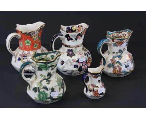 Five vintage Mason's jugs in varying sizes and patterns to include; Oriental Garden, Mandarin, Chartreuse, Java, Mandalay