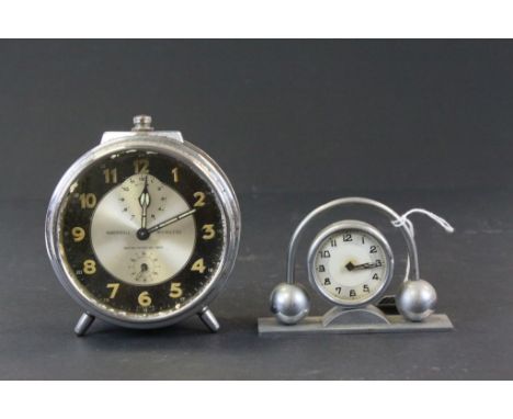 Art Deco French Chrome Cased Bedroom Clock together with Ingersoll Alarm Clock with Black and Silvered Face