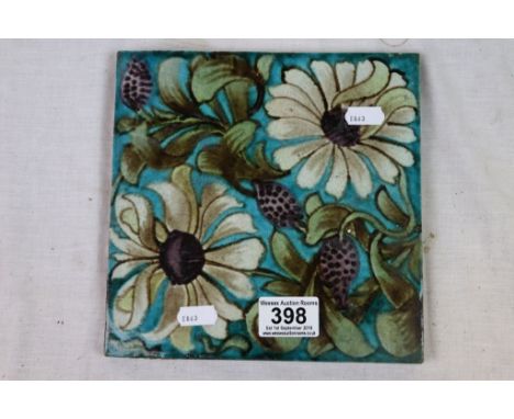 William De Morgan Tile, Flower and Berry Design on a Turquoise Ground, stamped underneath De Morgan, Merton Abbey, 8" x 8"