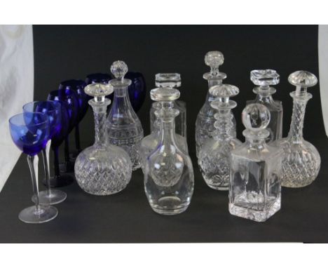 Two boxes of vintage Glassware to include; Bristol blue glass Goblets, Georgian and other Decanters and a pair of Decanters w