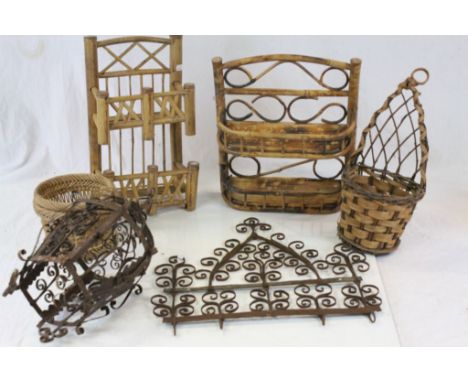 Wrought Iron Hanging Candle Lantern and Rack with Hooks plus Two Small Bamboo Shelf Units, etc