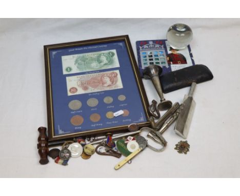 Collectables to include spectacles, two corkscrew, travel folding button hook, silver handled button hook enamelled medallion