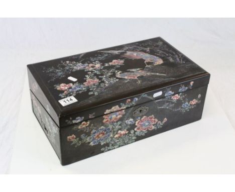 Vintage Lacquered Wooden Writing slope with Inlaid Mother of Pearl Birds & Flowers decoration and fitted interior