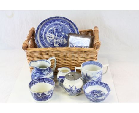 Wicker Basket of blue & white ceramics to include Spode, Wedgewood & 19th Century