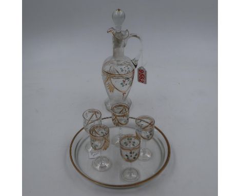 Victorian liqueur decanter and five glasses with gold detail and enamel flowers with glass tray. Not available for in-house P