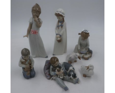 Collection of Nao and Lladro figurines and geese, no cracks or chips, largest H: 29 cm (7). UK P&amp;P Group 3 (£30+VAT for t
