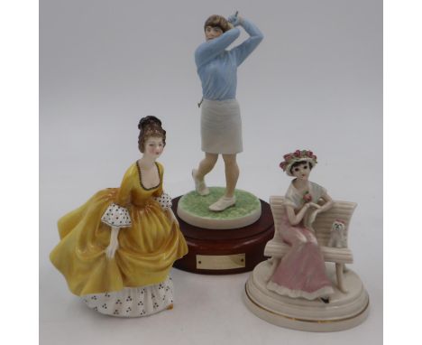 Ceramic figurines to include Royal Doulton Coralie HN2307, Coalport Ladies Day on wooden plinth with dedication and a Goebel 
