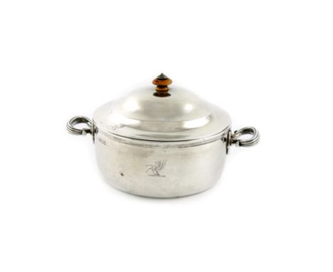 λA George IV silver travelling soufflé/vegetable dish and cover, by Paul Storr, London 1823, circular form, slide-out detacha