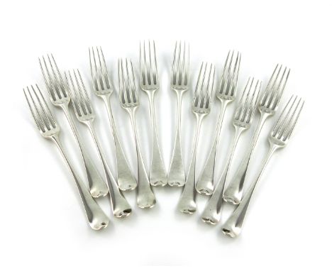 A set of twelve silver Old English pattern table forks, by Hester Bateman, London 1789, the reverse of the terminals with a c