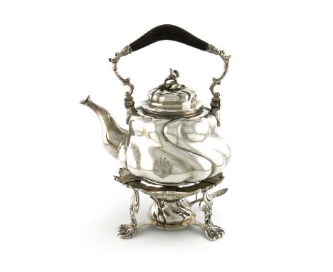 A 19th century German silver kettle-on-stand, by Elimeyer, Dresden circa  1890-1900, swirl fluted baluster form, the hinged c