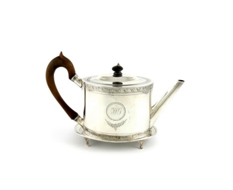 A George III silver teapot and stand, by Charles Aldridge London 1795 and 1797, oval form, bright-cut decoration, scroll hand