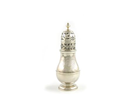 A Queen Anne silver caster, probably by William Fawdery, London 1710, baluster form, central girdle, the pull-off cover with 