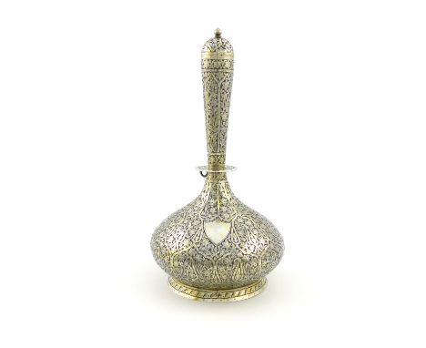 A late-19th century Indian silver-gilt water flask, probably Srinagar, Kashmir circa 1880, tapering circular form, chased fol