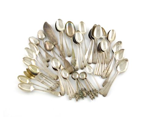 A mixed lot of silver flatware, various dates and makers, comprising: a set of six figural teaspoons, London 1858, a butter k