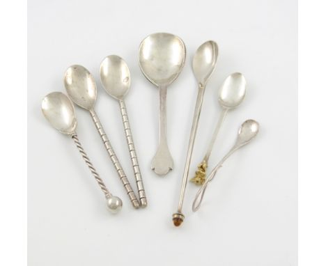 A collection of seven modern silver spoons, comprising: one by Graham Stewart, Edinburgh 1998, the terminal with a citrine fi
