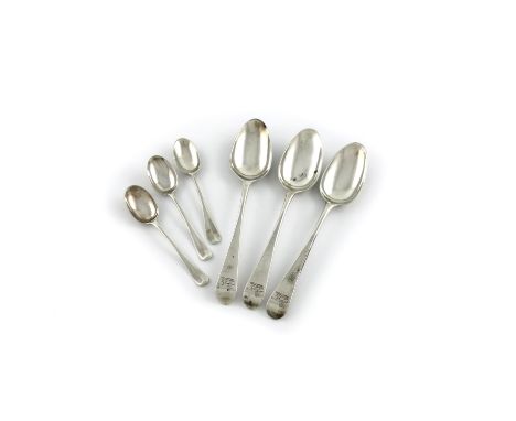 A mixed lot of silver flatware, comprising: a set of six George III Old English pattern dessert spoons, by Thomas Chawner, Lo