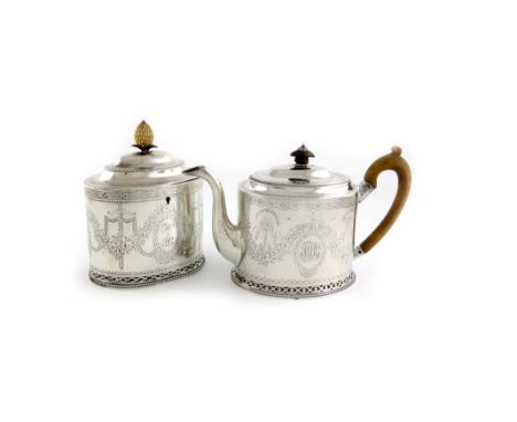 λA George III silver teapot and tea caddy, by Hester Bateman, London 1782, oval form, bright-cut decoration, beaded borders, 