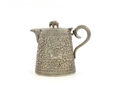 A late-19th / early-20th century Indian silver covered jug, maker's mark of VK, Cutch of Bombay, circa 1900, tapering oval fo