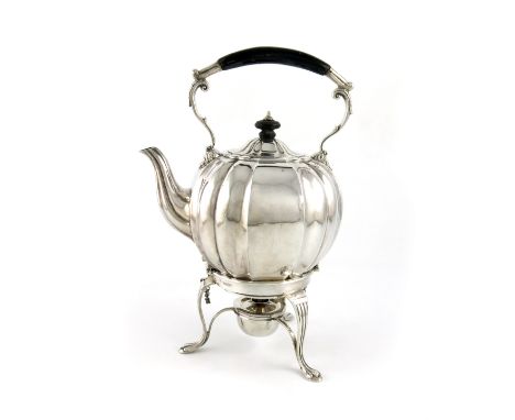 A Victorian silver kettle on stand, by Dobson & Sons, London 1889, circular fluted form, hinged cover with a knop finial, cen