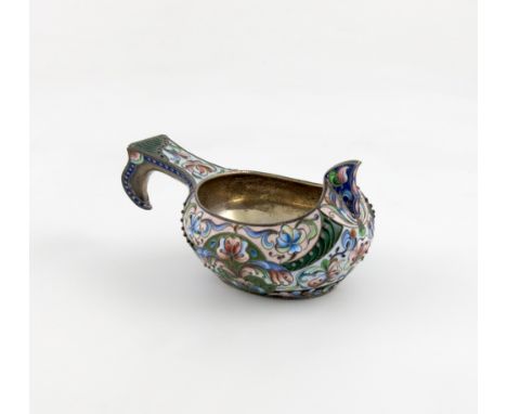 A Russian silver and enamel kovsch, 1896-1908, also with a French import mark, oval form, with vari-coloured enamelled decora