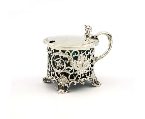 A Victorian silver mustard pot, by Reily and Storer, London 1838, circular form, pierced scroll decoration, the hinged cover 
