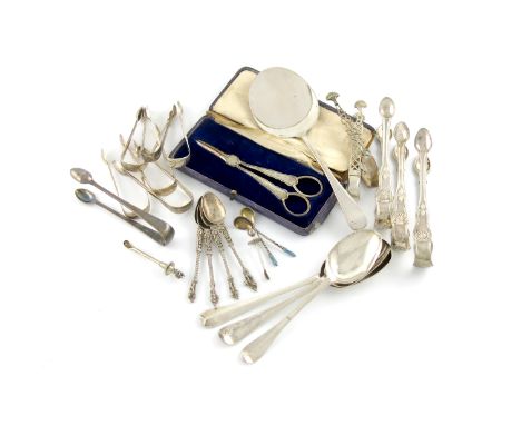 A mixed lot of silver flatware, various dates and makers, comprising: an Asprey egg slice, Sheffield 1929, a cased pair of gr