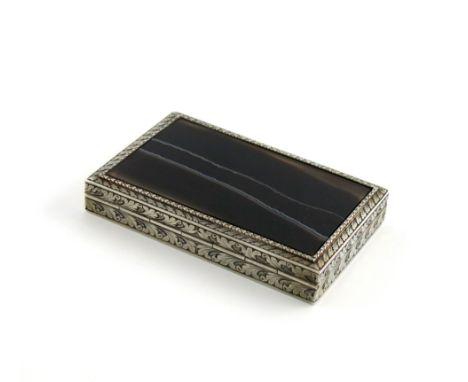 A continental silver and agate snuff box, unmarked, possibly Austrian, rectangular form, the hinged cover set with an agate p