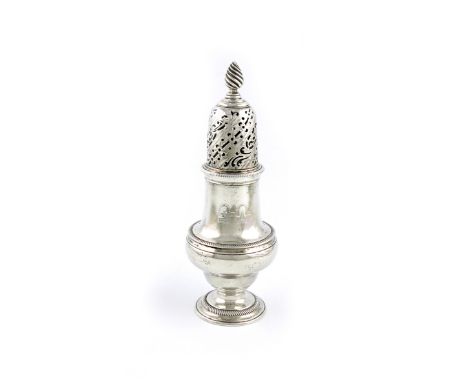 A George III silver sugar caster, by John Delmester, London 1764, baluster form, rope-work borders, the pull-off cover with a