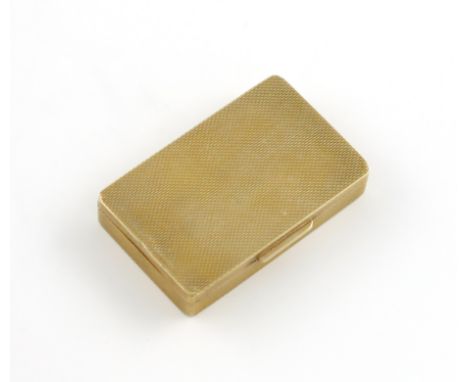 A modern 9 carat gold pill box, maker's mark worn, Birmingham 1994, rectangular form, engine-turned decoration, hinged cover,