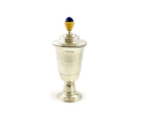 λBy H.G. Murphy, a silver, Lapis Lazuli and ivory Art Deco cup and cover, London 1939, also with the Falcon Studio mark, tape