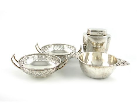 A mixed lot of silver items, comprising: a Victorian tea caddy, by Child and Child, London 1889, of shaped tapering rectangul