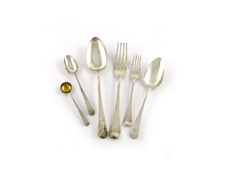 A collection of George III / William IV silver Old English pattern flatware, various dates and makers, the terminals with the