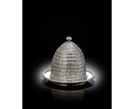 A George III silver honey skep and stand, by John Emes, London 1802, the pull-off cover with a bayonet fitting and a berry fi