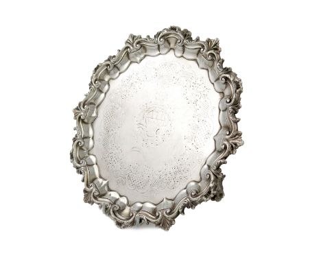 A Victorian silver salver, by John Tapley, London 1845, circular form, shell and scroll border, the centre with engraved deco