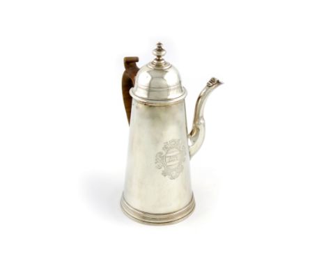 A Queen Anne silver coffee pot, by John Leach, London, 1711, tapering circular form, side scroll handle, domed hinged cover w