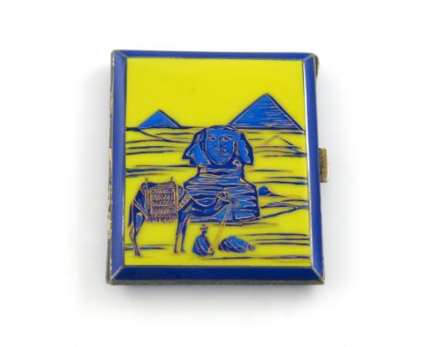 A continental silver-gilt and enamel cigarette case, possibly Austrian, circa 1920, rectangular form, enamelled with the Pyra