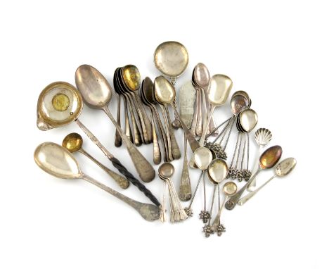 A mixed lot of silver flatware, comprising: a 17th century Norwegian spoon, maker's mark H, twisted stem with a ball finial, 