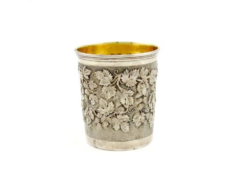 A Victorian silver beaker, by John Samuel Hunt, London 1864, tapering circular form, chased with hanging hops on a matted bac