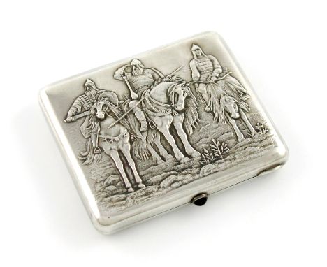 A Russian silver cigarette case, 1927-1958, rectangular form, the hinged cover embossed with three warriors on horseback, wit