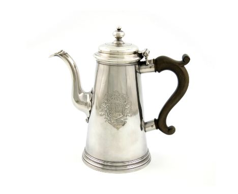 A George II silver coffee pot, by Peter Archambo, London 1729, tapering circular form, faceted spout, scroll handle, slight d
