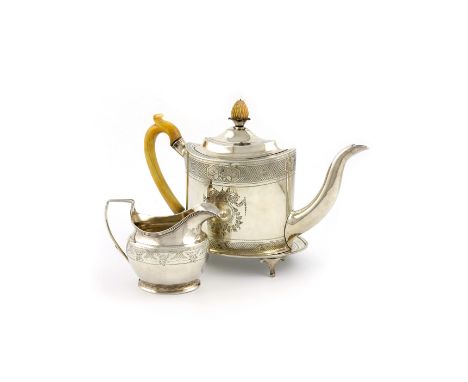 λA George III silver tea pot and stand and matching cream jug, by Alexander Field, London 1799, date letter on cream jug worn