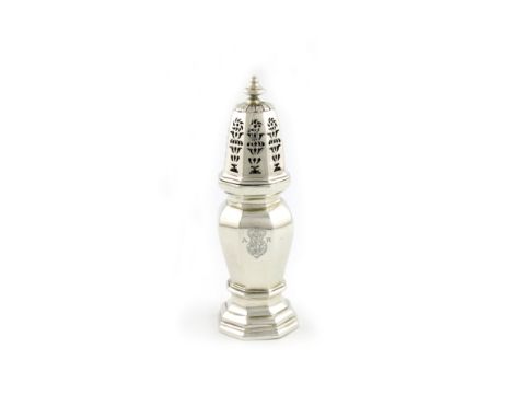 A Queen Anne silver sugar caster, by John Eckfourd I, London 1708, octagonal baluster form, bayonet fitting cover with a knop