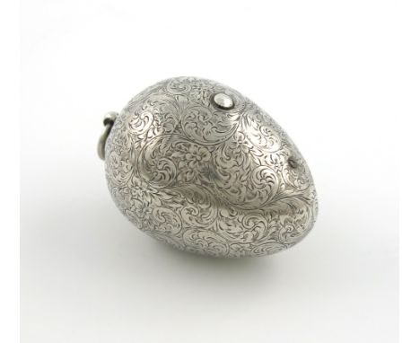 A Victorian novelty silver sewing egg, maker's mark worn, London 1891, the egg with engraved foliate scroll decoration and wi