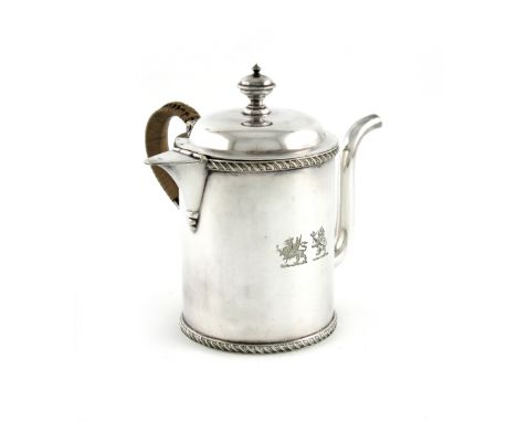 A Victorian electroplated argyle, by Martin, Hall and Co, cylindrical form, wicker-bound scroll handle, hinged cover with a k